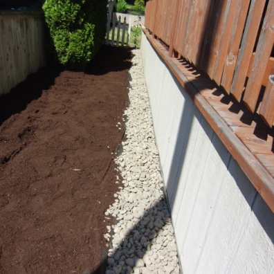 Rock against the house, mulch to the fence